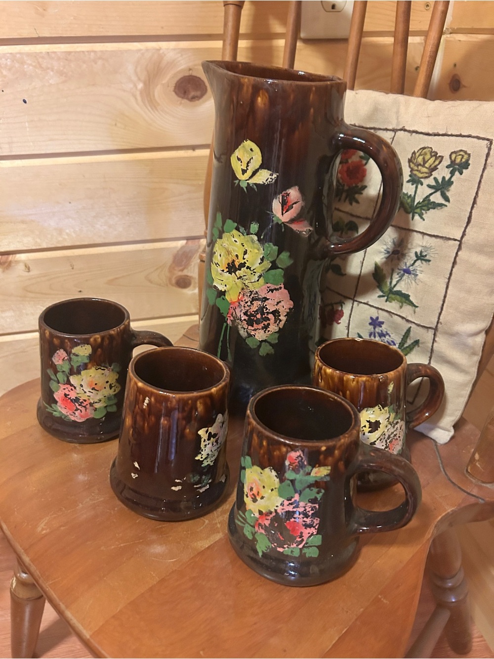 Vintage Japanese Mid-Century Pottery Pitcher and Four Mug Set - Hand-painted
